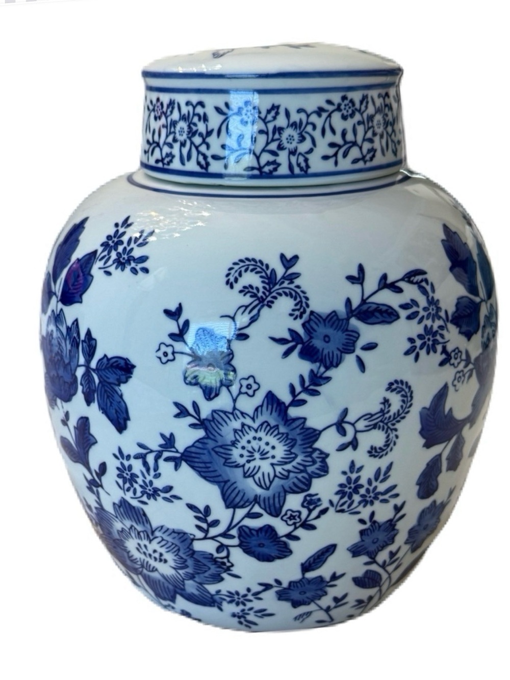 Blue and White Floral Porcelain Ginger Jar - Classic Home Accent